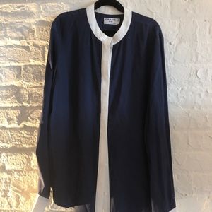 Frame Denim Navy Silk Contrast Trim Blouse